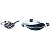 Non-Stick Paniyarakkal with Lid (240 mm, Black)- Gas Top Compatible only & Omega Select Plus Residue Free Non-Stick Deep Appachetty with Lid, 20cm,Black and Stainless Combo