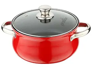 Induction Base Mirror Finish Non-Stick Belly Casserole with Knob Glass Lid (2.5L, Red)