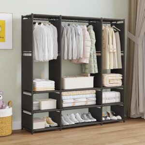 DWELLIT Space-Saving Wardrobe Organizer with Hanging Space, Storage Shelves multipurpose coat rack perfect for any kind of room (Black, 16mm baked paint tube frame with fabric) (3 Section)