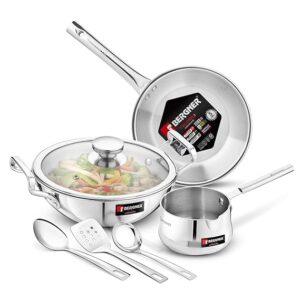 7 Pcs Triply Stainless Steel Induction Bottom Cookware Set, 22cm (2L) Kadai, 22cm (1L) Frypan with Dome Shaped Common Glass Lid