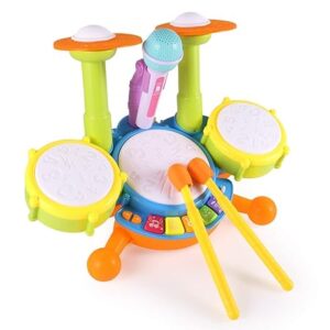 Multifunctional Drum Set with Lights Educational Learning Musical Toy Includes 2 Drum Sticks & Adjustable Microphone for Boys and Girls 3+