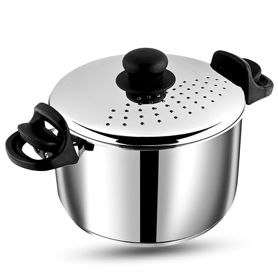Pasta, Rice Pot with Strainer lid - 4 Litre, SAS Bottom Rice Steamer Cooker, Noodles, Veggies Boiler Pot with Locking Handles, Induction Base - 2 Year Warranty