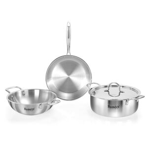 TriPly Stainless Steel 4Pc Induction Base Cookware Set of Deep Kadai - 20cm - 1.7L, Frypan - 20Cm - 1 LTR, Casserole - 20cm - 2.9Ltr & Steel Lid, Pack of 4, Silver