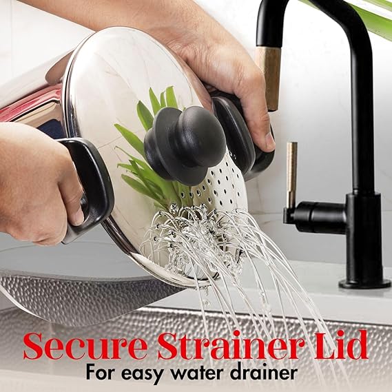 Pasta, Rice Pot with Strainer lid - 4 Litre, SAS Bottom Rice Steamer Cooker, Noodles, Veggies Boiler Pot with Locking Handles, Induction Base - 2 Year Warranty - Image 3