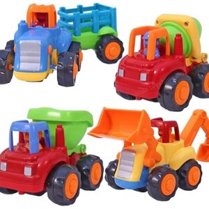 Toyshine Unbreakable Automobile Car Pack of 4 Friction Powered Cars Construction Push and Go Car Tractor, Bulldozer, Cement Mixer Truck, Dumper for 1 2 3 Year Old Boy Girl Toddler Baby Kid Gift - B