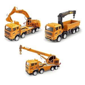 PROBABE 3-Pack Construction Toy Truck Set for Kids with Excavator, Crane and Cargo Carrier, Rotating Parts, Realistic Design, Pull Back Action Vehicles, Boys & Girls Gift