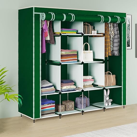 Maison & Cuisine® Collapsible Wardrobe 12 Shelves Storage Unit almari Closet Clothes Storage Rack Quick and Easy to Assemble Foldable Almirah (W 88270) (Green)