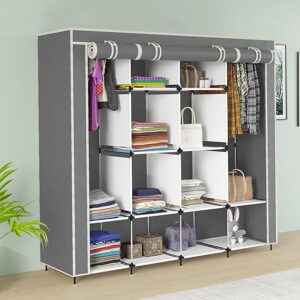 Maison & Cuisine® Collapsible Wardrobe 12 Shelves Storage Unit almari Closet Clothes Storage Rack Quick and Easy to Assemble Foldable Almirah (W 88270) (Grey)