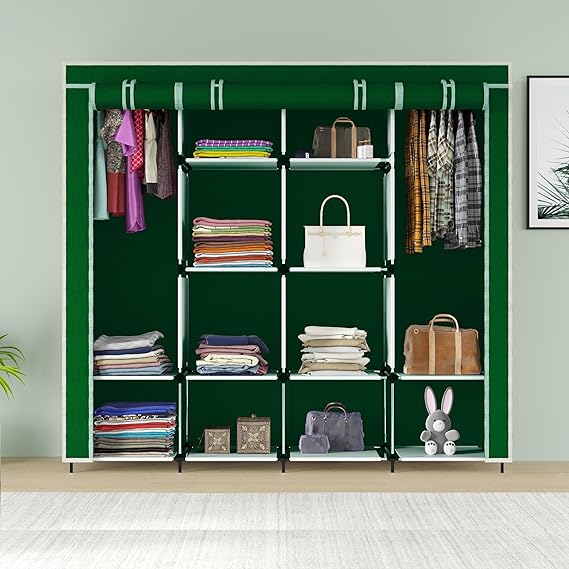 Maison & Cuisine® Collapsible Wardrobe 12 Shelves Storage Unit almari Closet Clothes Storage Rack Quick and Easy to Assemble Foldable Almirah (W 88270) (Green) - Image 3