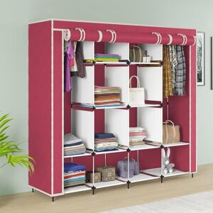 Maison & Cuisine® Collapsible Wardrobe 12 Shelves Storage Unit almari Closet Clothes Storage Rack Quick and Easy to Assemble Foldable Almirah (W 88270) (Maroon)