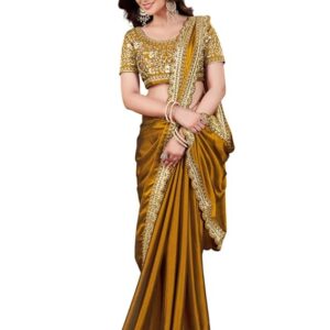 Women's Silk Saree with Embroidered Blouse Piece, Green, Traditional Party Wear with Gold Border and Hand Work Lace