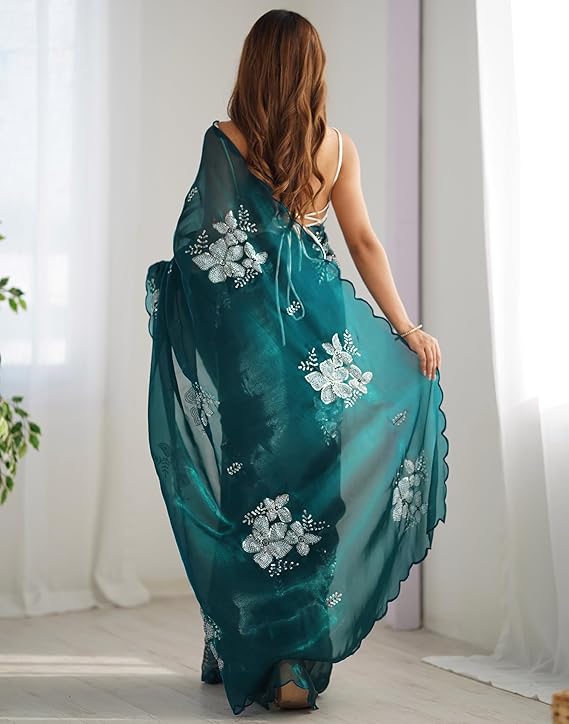 Women's Shimmer Chiffon Saree | Sequence Embroidery Saree With Unstitched Blouse Piece - Image 3