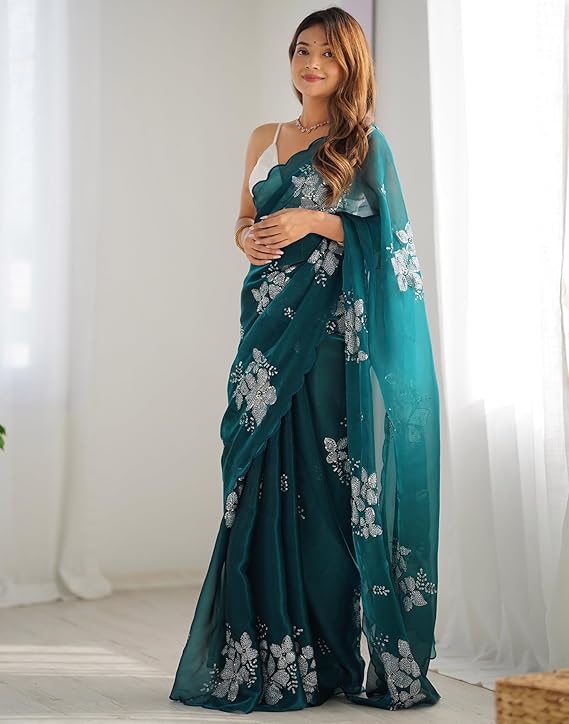 Women's Shimmer Chiffon Saree | Sequence Embroidery Saree With Unstitched Blouse Piece - Image 4