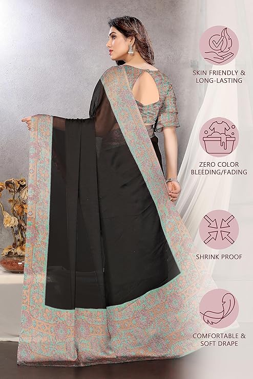 FASHION Women's Stylish Chiffon Floral Printed Saree with Blouse Piece - Image 4