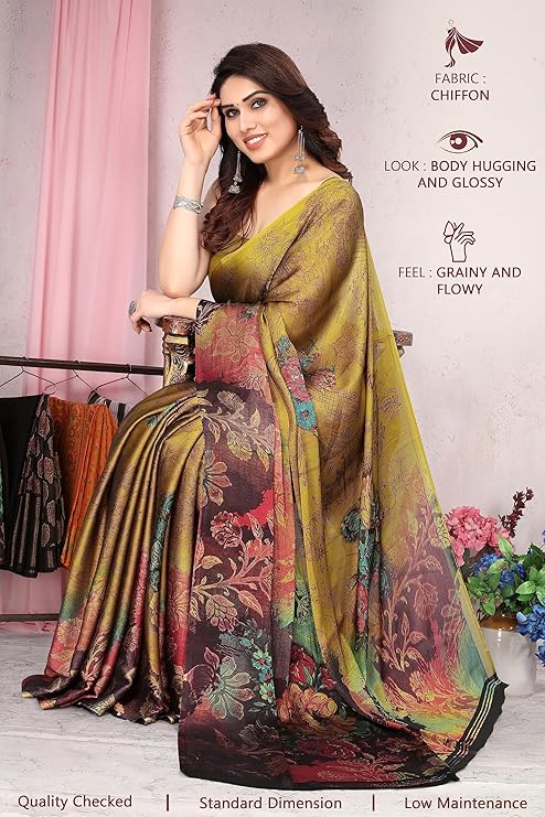 FASHION Women's Stylish Chiffon Floral Printed Saree with Blouse Piece - Image 2