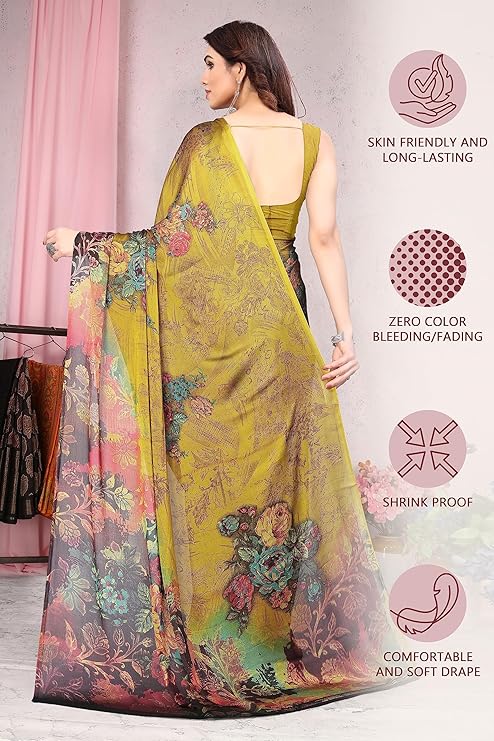 FASHION Women's Stylish Chiffon Floral Printed Saree with Blouse Piece - Image 3