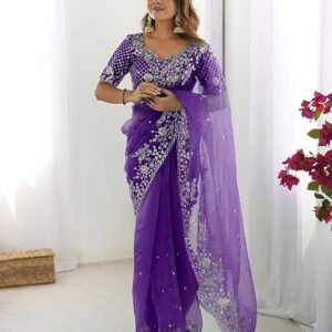 Women's Organza Sequence Embroidery Saree With Unstitched Blouse Piece